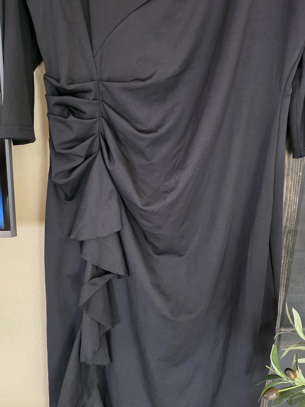 Classic Black Ruched Ruffle Midi Dress